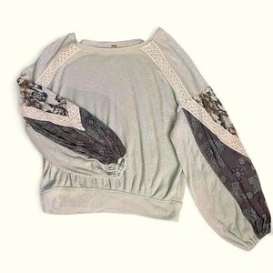 Free People Casual Clash Mint Thermal Top Lace Oversized Balloon Sleeve L